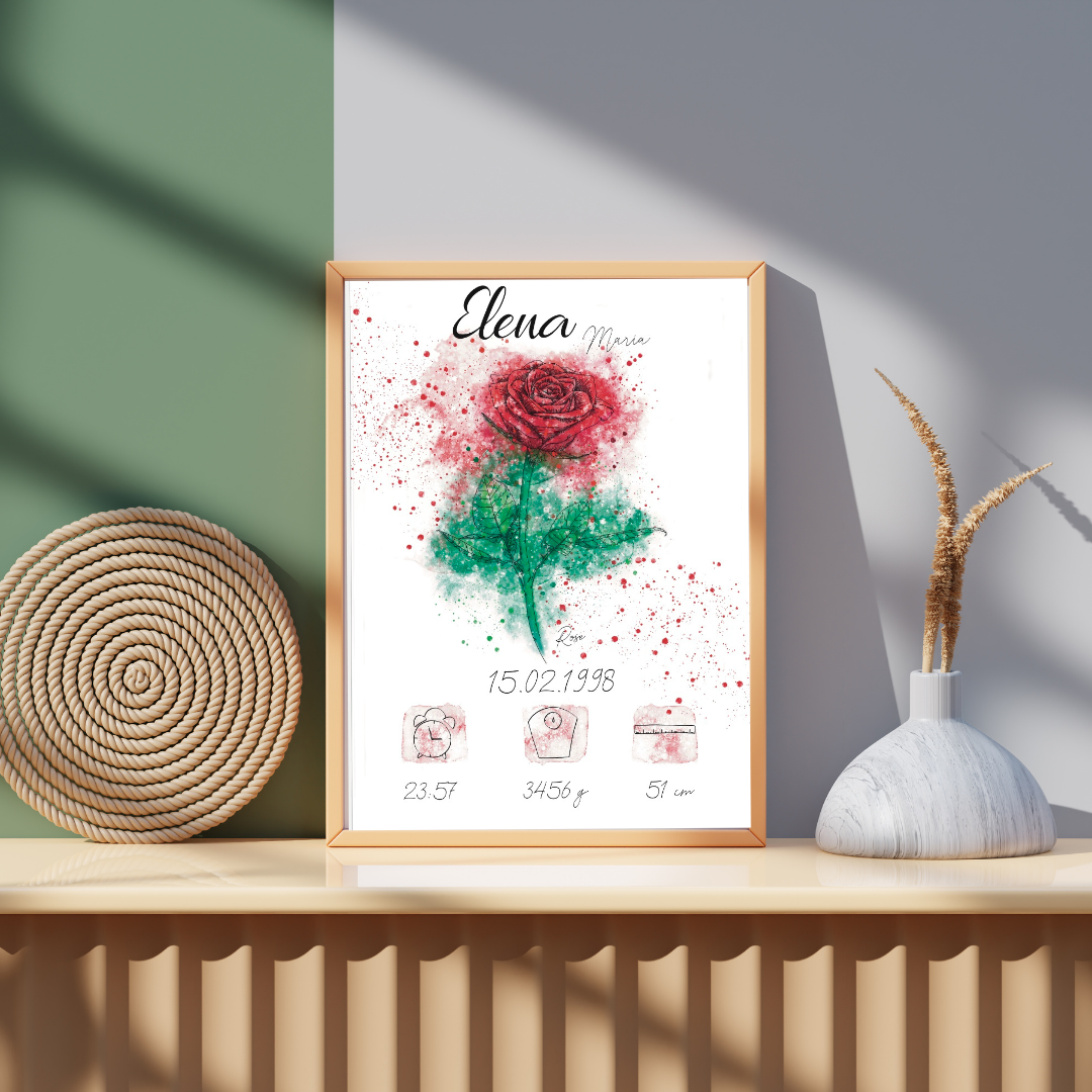 Personalisiertes Geburtsposter: Geburtsblume Juni Rose | Bunt