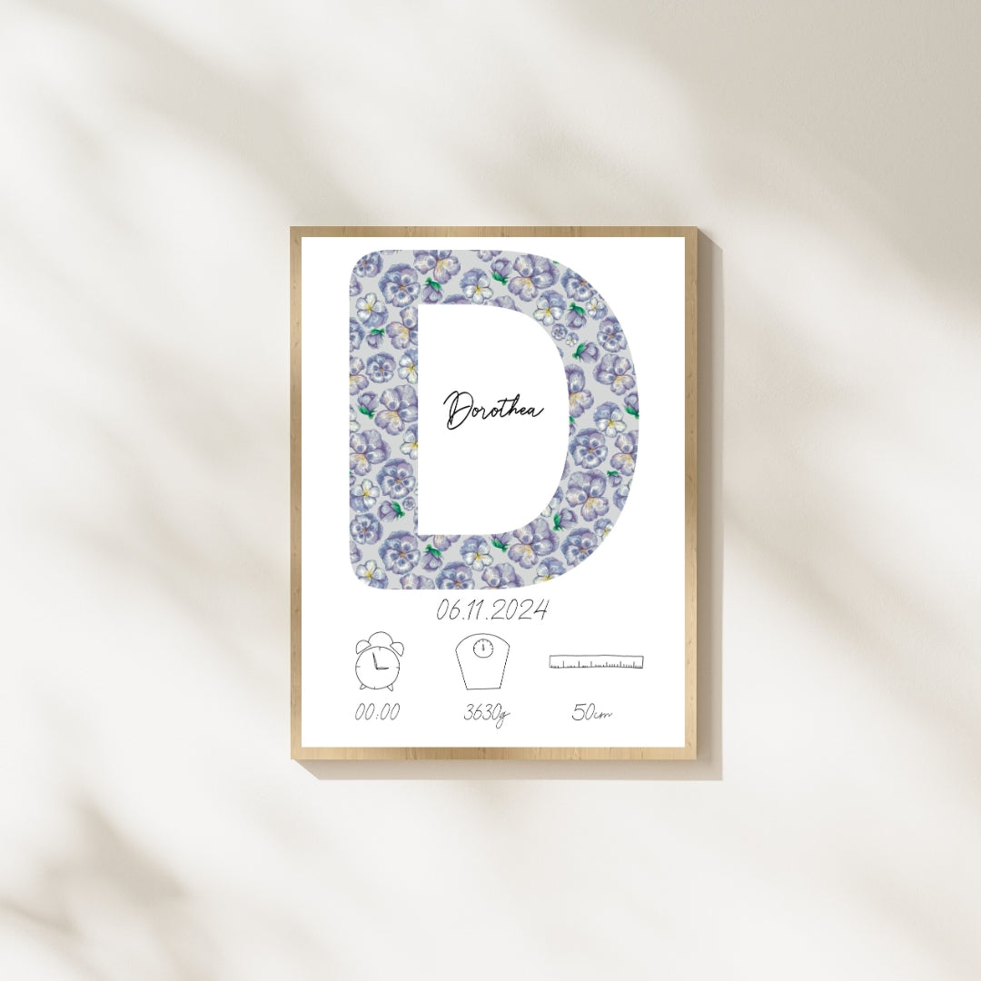 Personalisiertes Geburtsposter: Buchstaben | Veilchenmuster