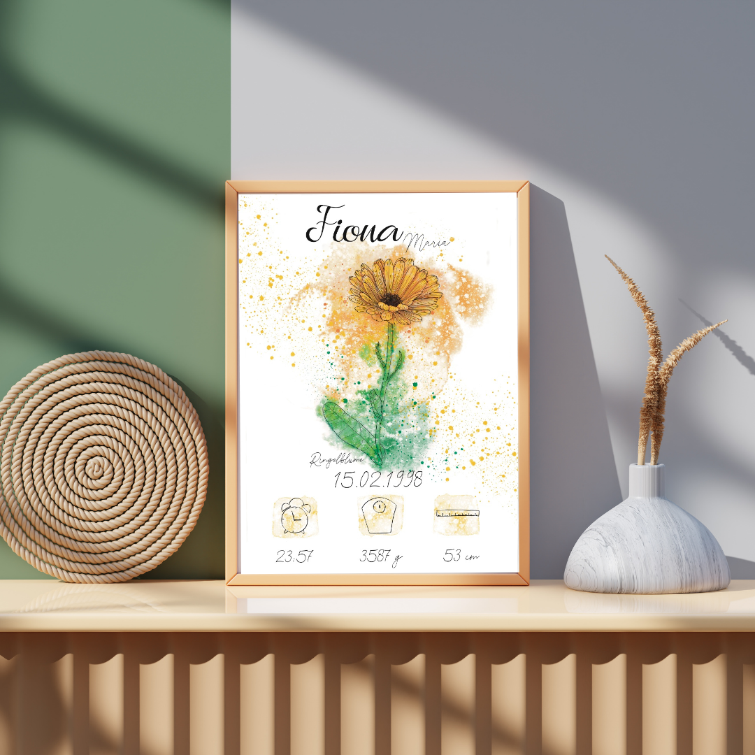 Personalisiertes Geburtsposter: Geburtsblume Oktober Ringelblume | Bunt