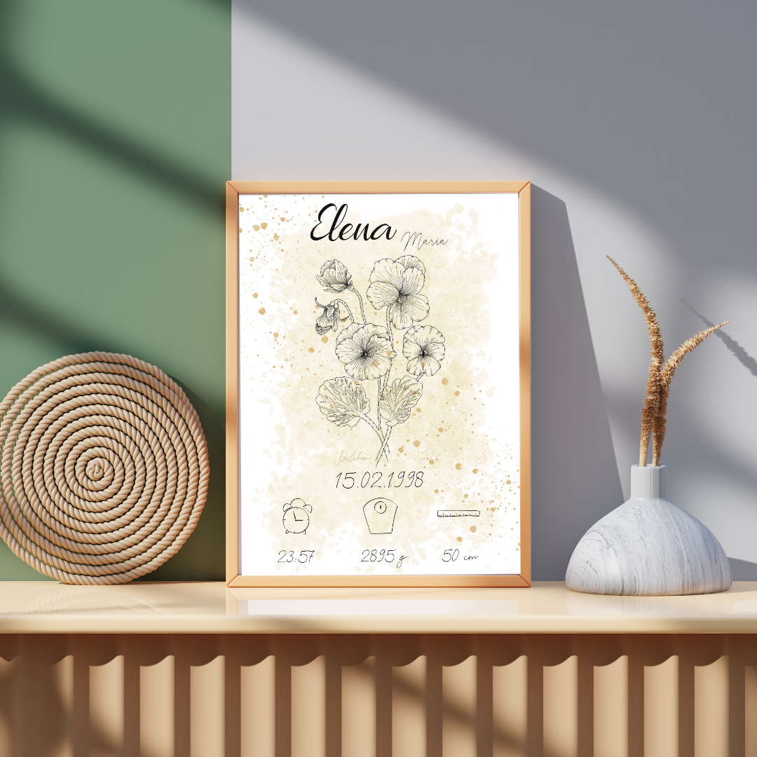 Personalisiertes Geburtsposter: Geburtsblume Februar Veilchen | Beige
