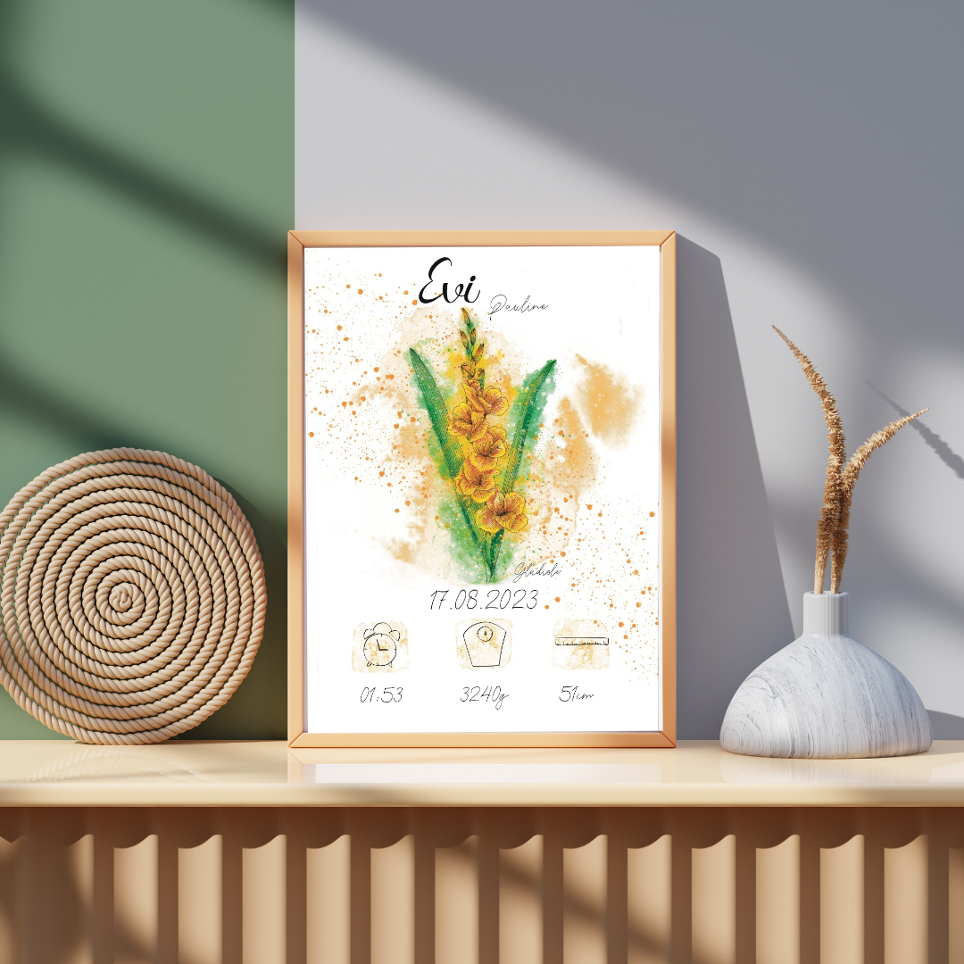 Personalisiertes Geburtsposter: Geburtsblume August Gladiole | Bunt