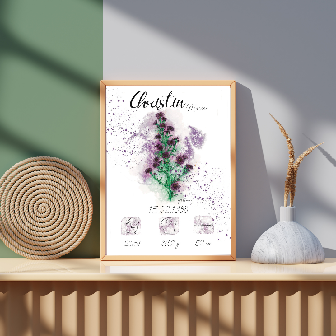 Personalisiertes Geburtsposter: Geburtsblume September Astern | Bunt