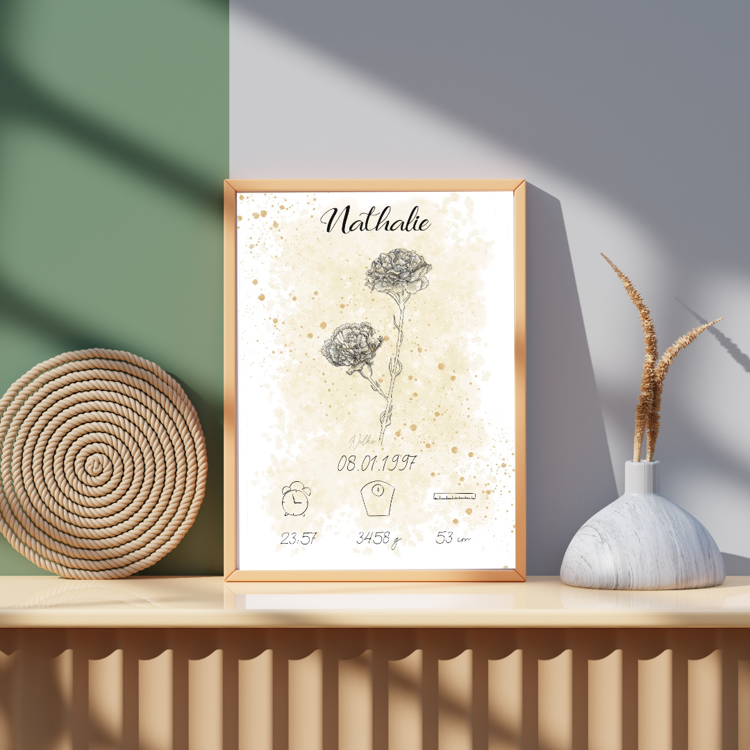 Personalisiertes Geburtsposter: Geburtsblume Januar Nelke | Beige