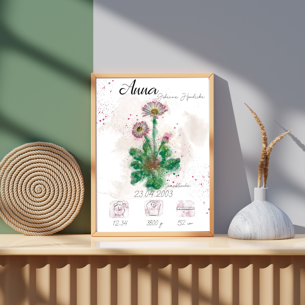 Personalisiertes Geburtsposter: Geburtsblume April Gänseblümchen | Bunt