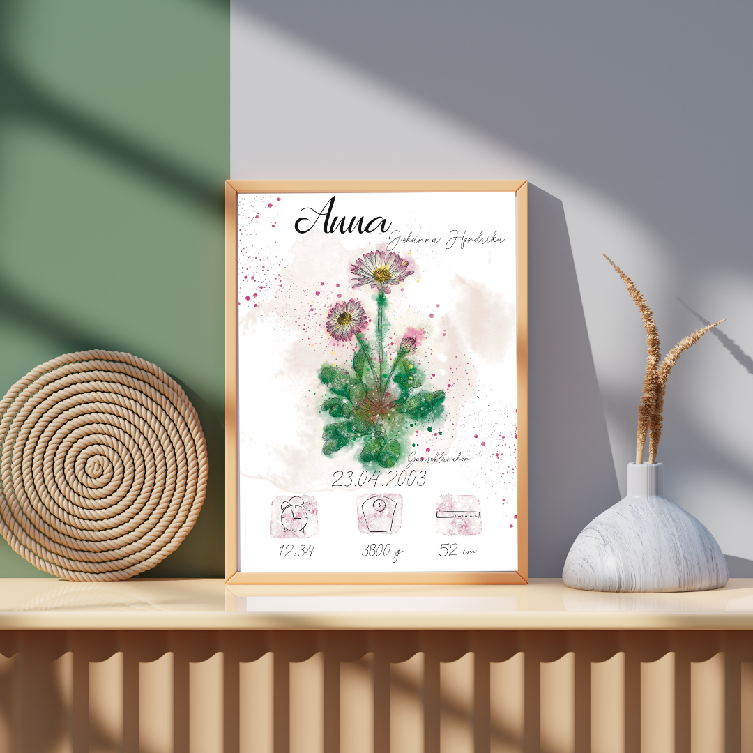 Personalisiertes Geburtsposter: Geburtsblume April Gänseblümchen | Bunt