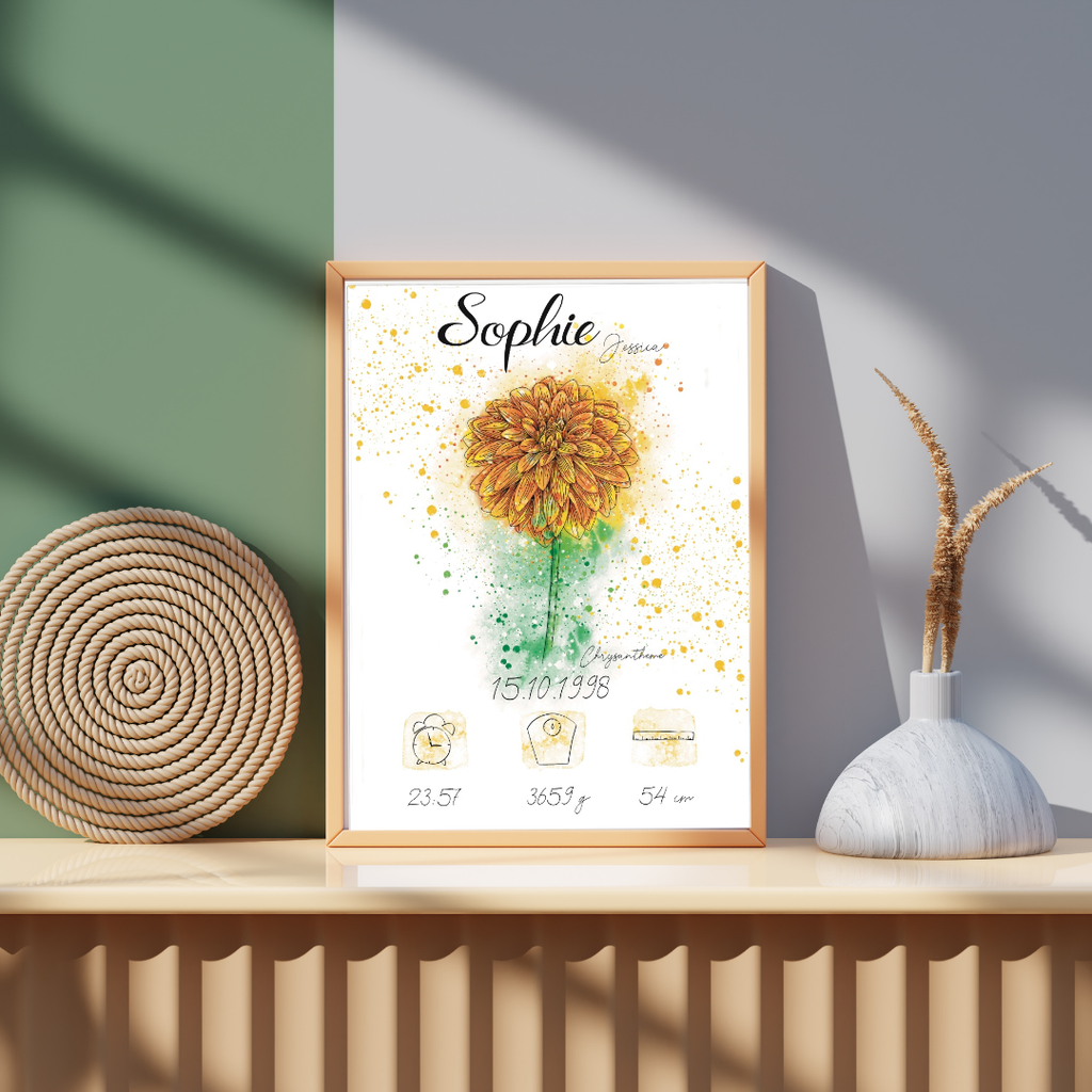 Personalisiertes Geburtsposter: Geburtsblume November Chrysantheme | Bunt