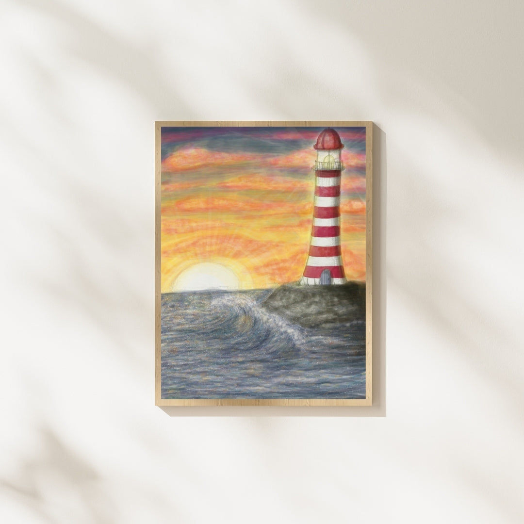 Poster Leuchtturm im Sonnenuntergang