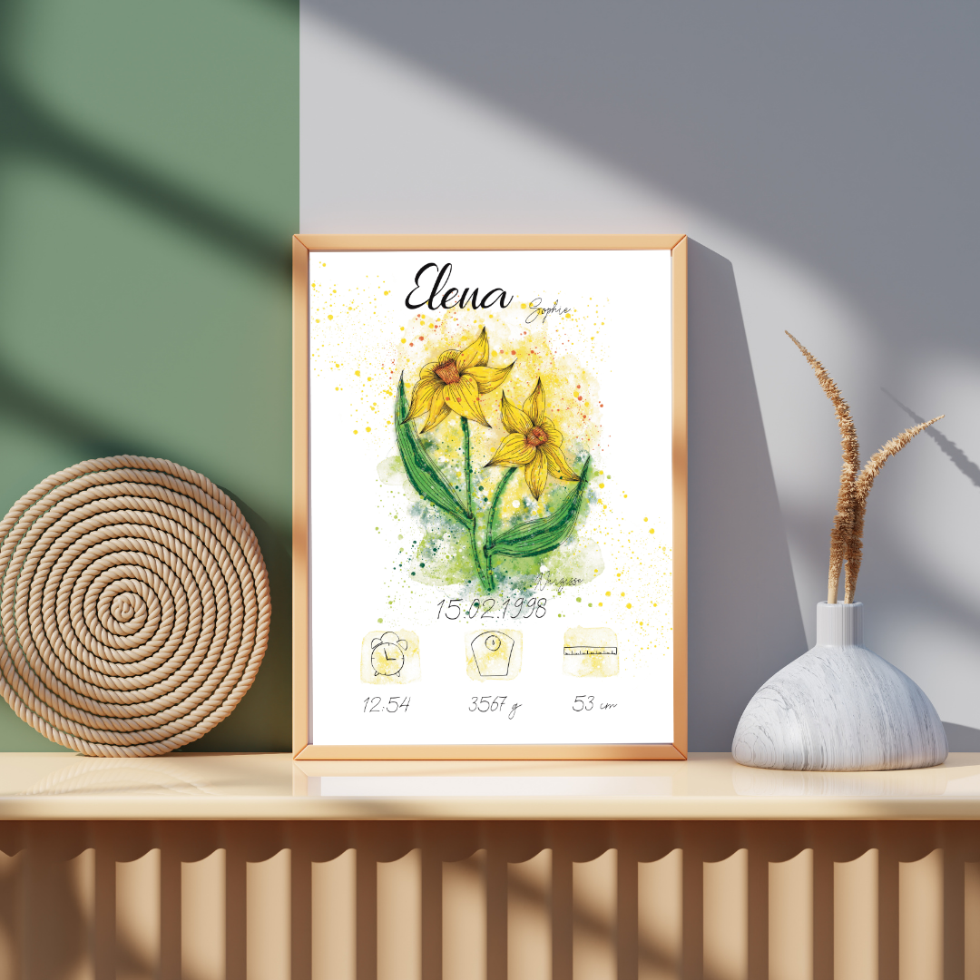 Personalisiertes Geburtsposter: Geburtsblume März Narzisse | Bunt