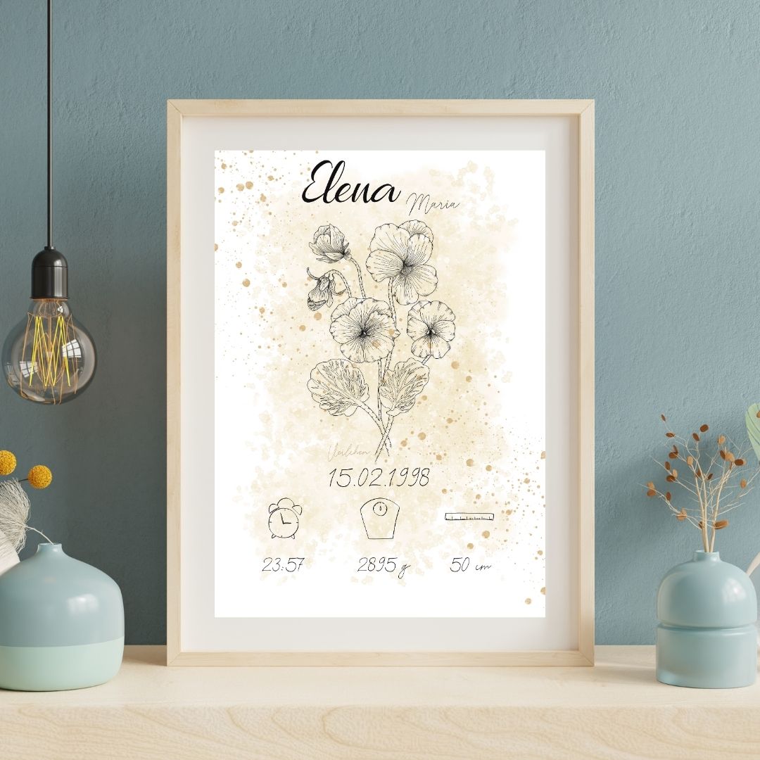 Personalisiertes Geburtsposter: Geburtsblume Februar Veilchen | Beige