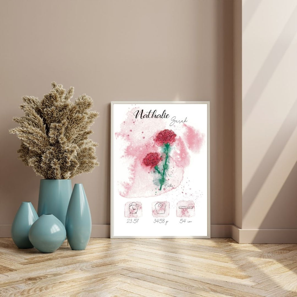 Personalisiertes Geburtsposter: Geburtsblume Januar Nelke | Bunt