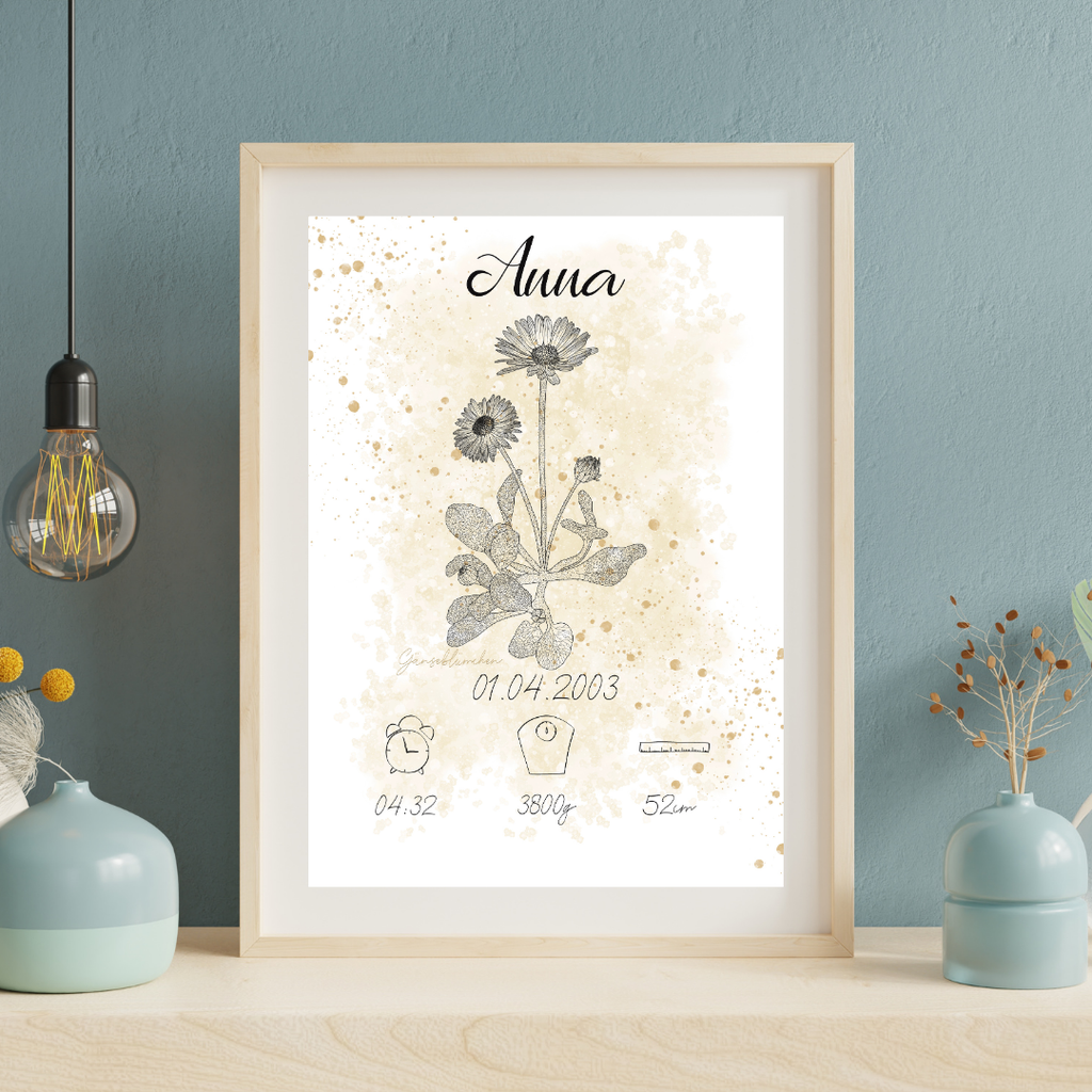 Personalisiertes Geburtsposter: Geburtsblume April Gänseblümchen | Beige