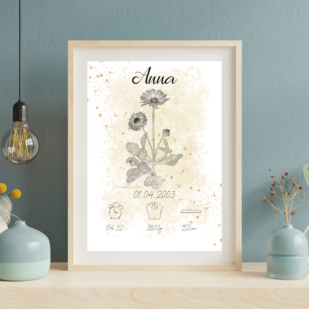 Personalisiertes Geburtsposter: Geburtsblume April Gänseblümchen | Beige
