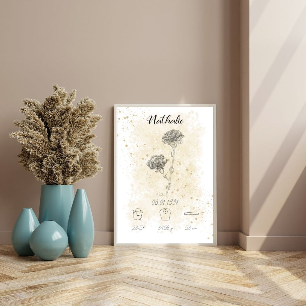 Personalisiertes Geburtsposter: Geburtsblume Januar Nelke | Beige