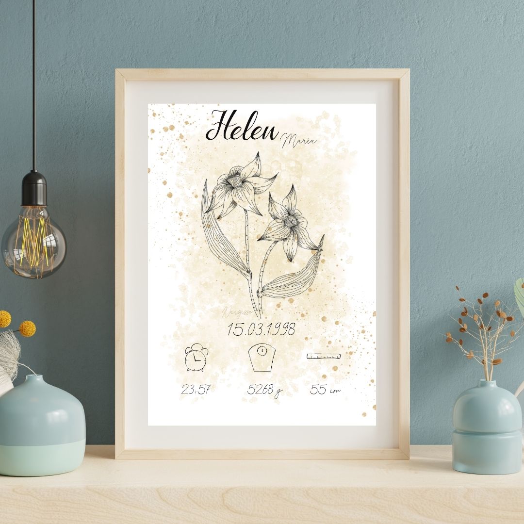 Personalisiertes Geburtsposter: Geburtsblume März Narzisse | Beige