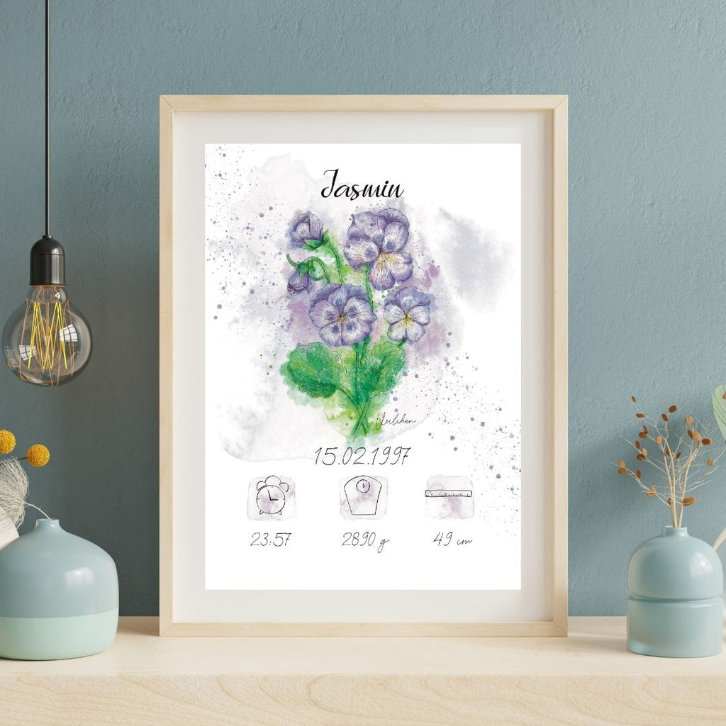 Personalisiertes Geburtsposter: Geburtsblume Februar Veilchen | Bunt