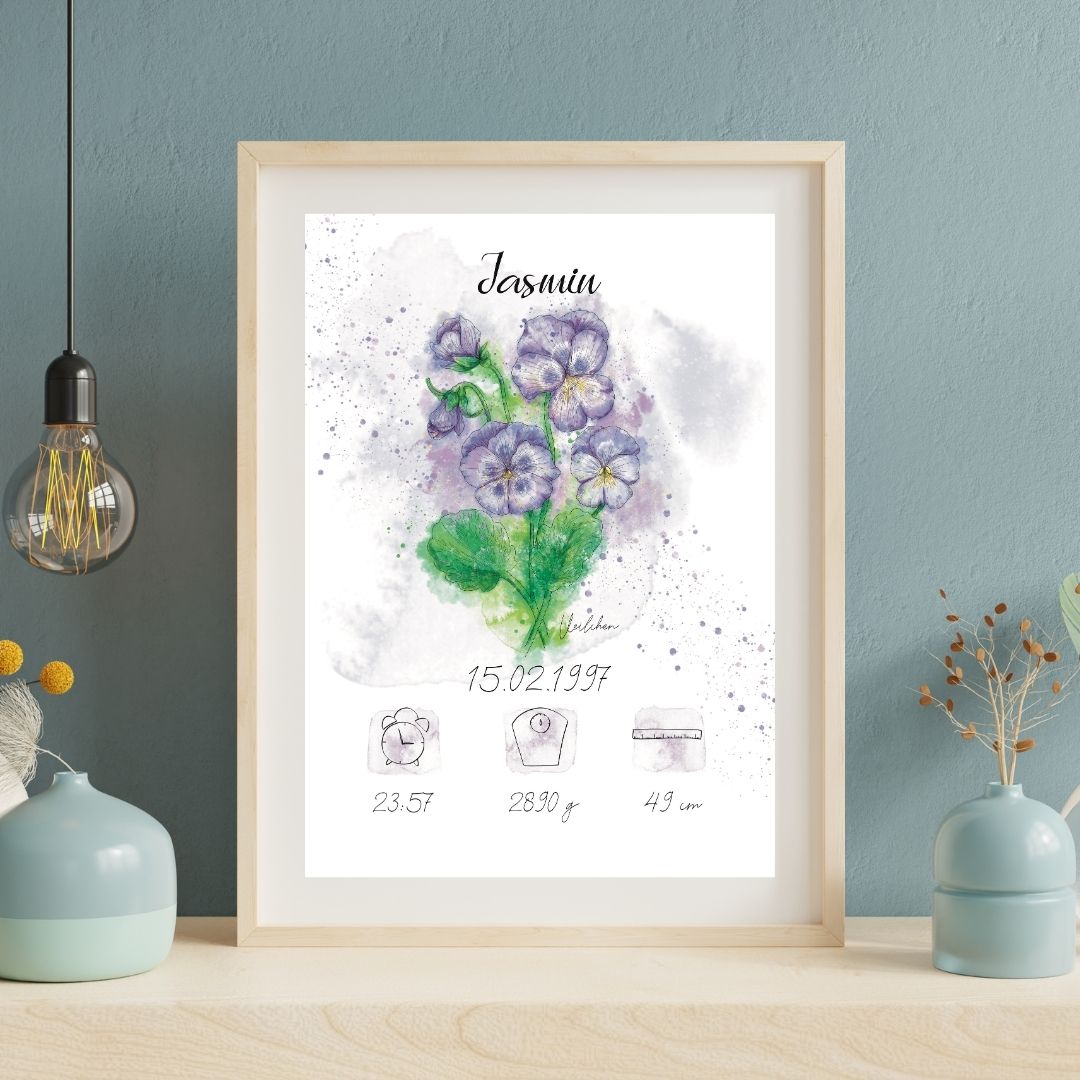 Personalisiertes Geburtsposter: Geburtsblume Februar Veilchen | Bunt