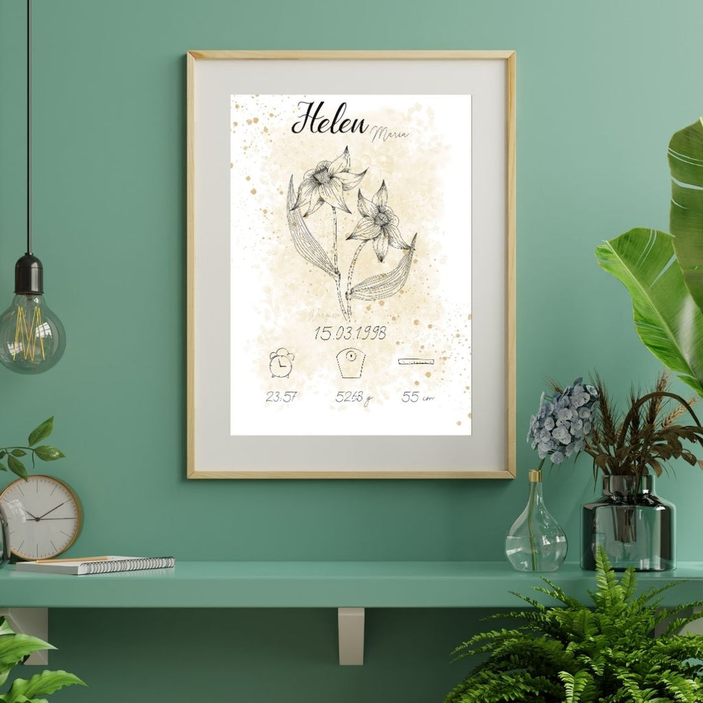 Personalisiertes Geburtsposter: Geburtsblume März Narzisse | Beige
