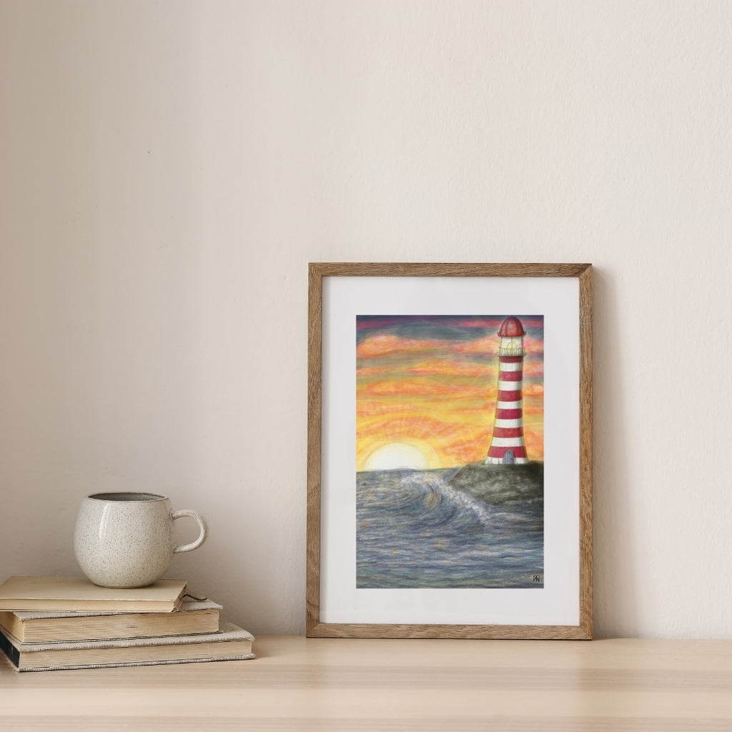 Poster Leuchtturm im Sonnenuntergang