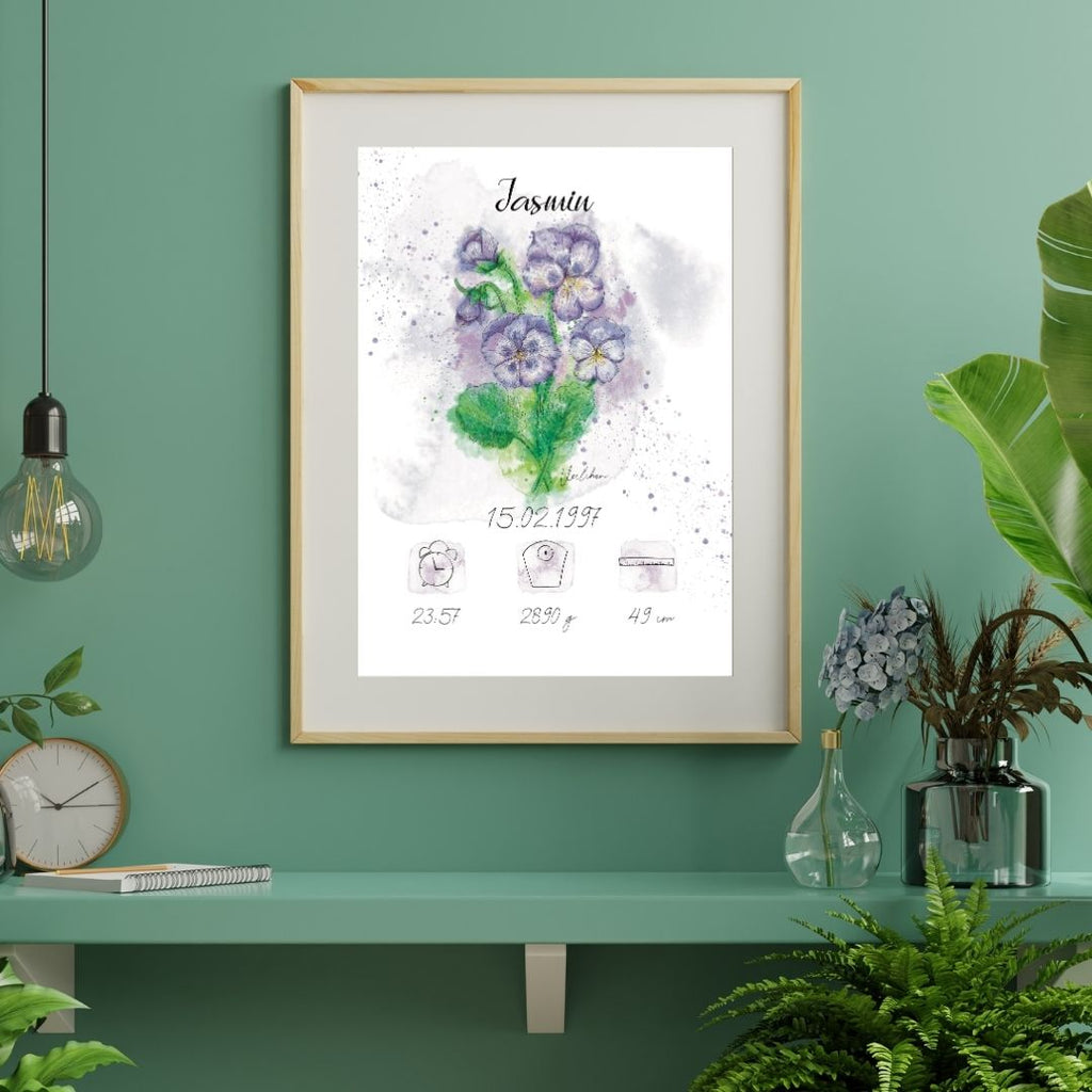 Personalisiertes Geburtsposter: Geburtsblume Februar Veilchen | Bunt