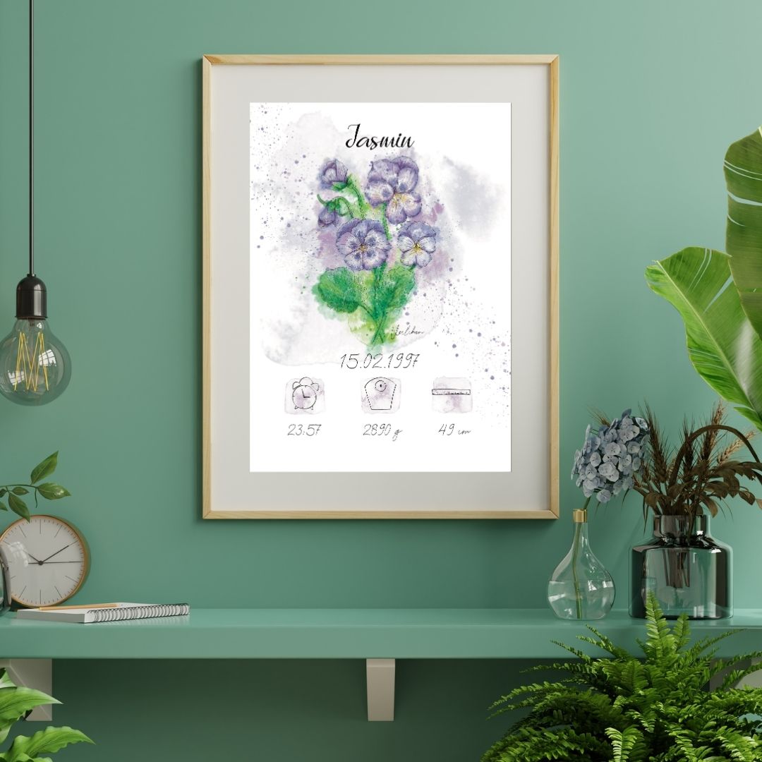 Personalisiertes Geburtsposter: Geburtsblume Februar Veilchen | Bunt