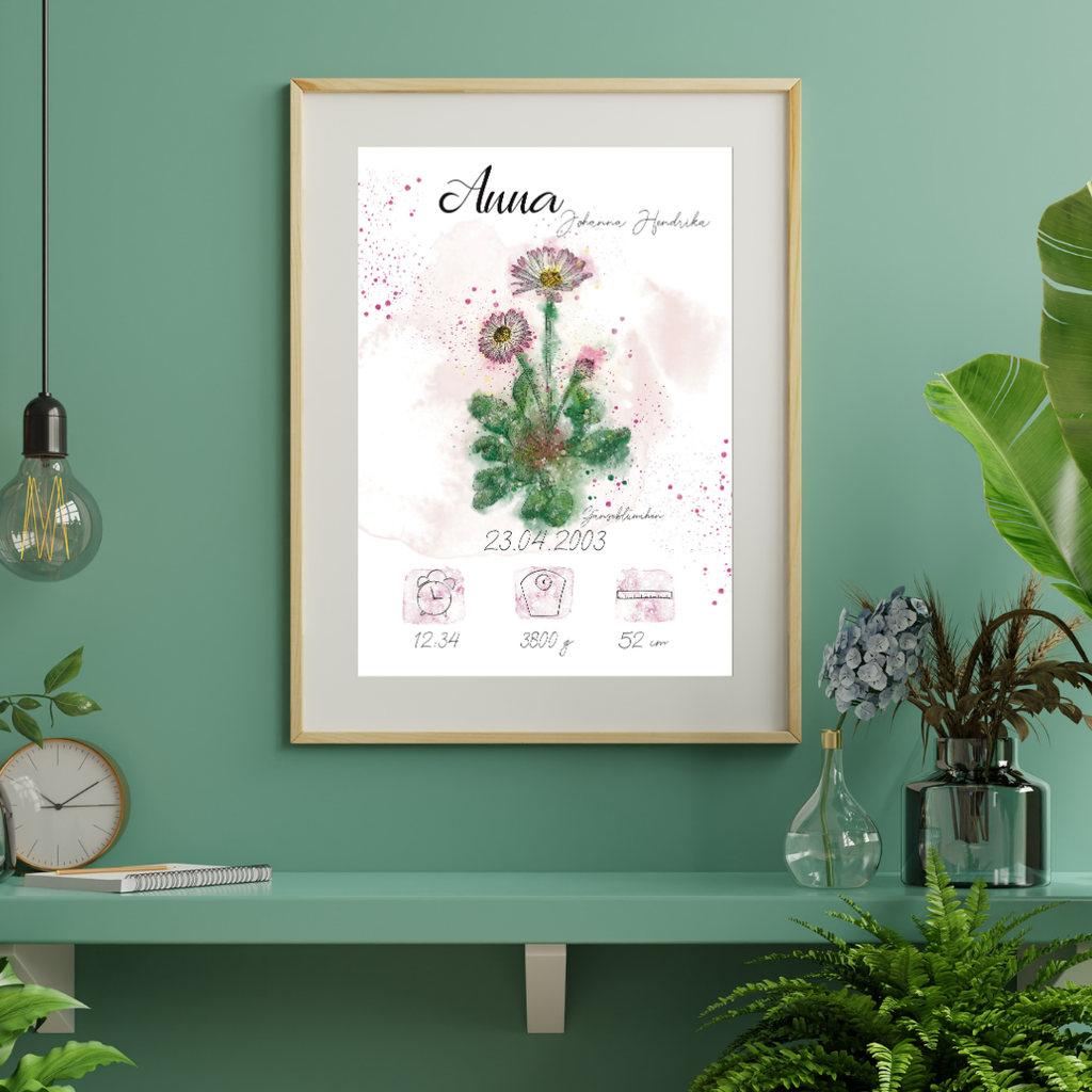 Personalisiertes Geburtsposter: Geburtsblume April Gänseblümchen | Bunt