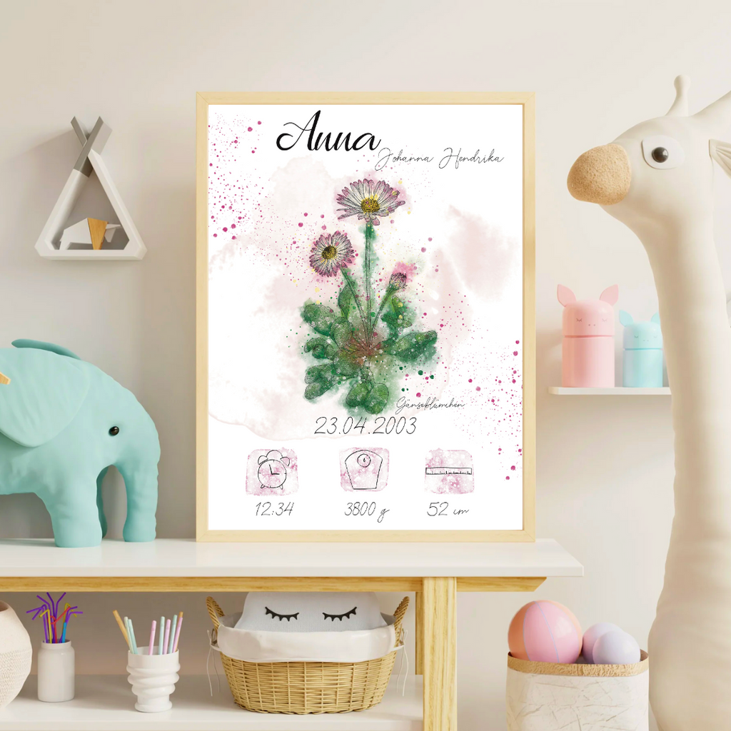 Personalisiertes Geburtsposter: Geburtsblume April Gänseblümchen | Bunt