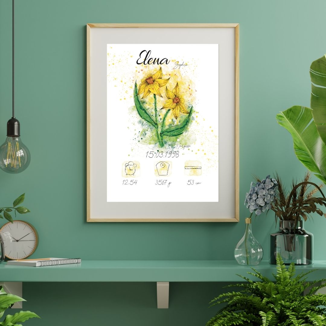 Personalisiertes Geburtsposter: Geburtsblume März Narzisse | Bunt