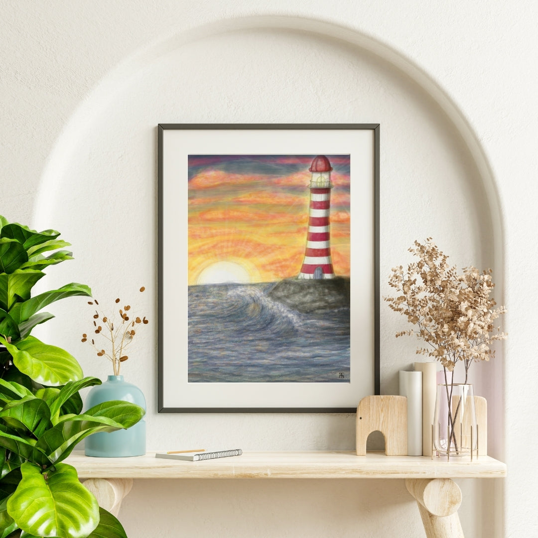 Poster Leuchtturm im Sonnenuntergang