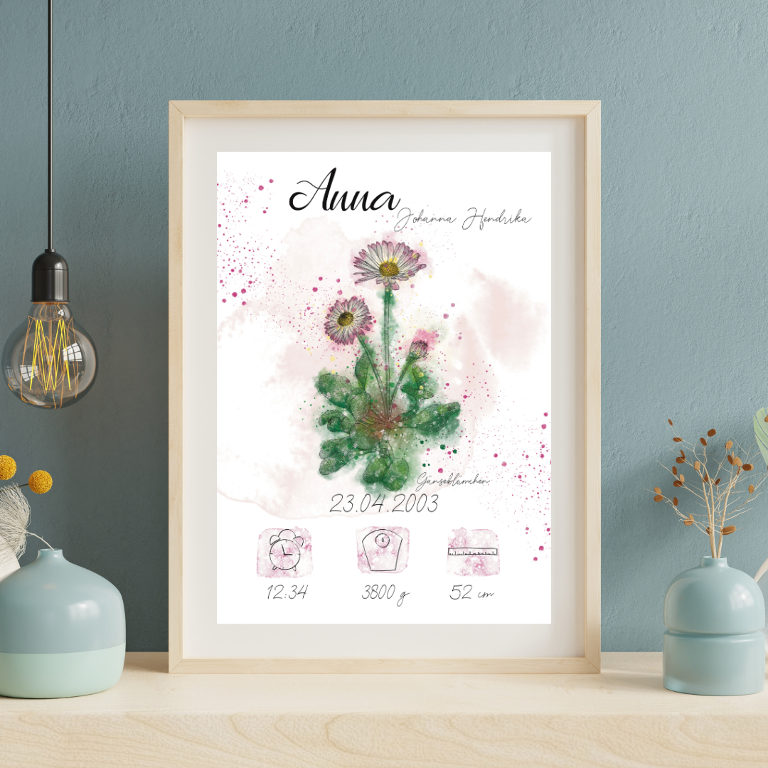 Personalisiertes Geburtsposter: Geburtsblume April Gänseblümchen | Bunt