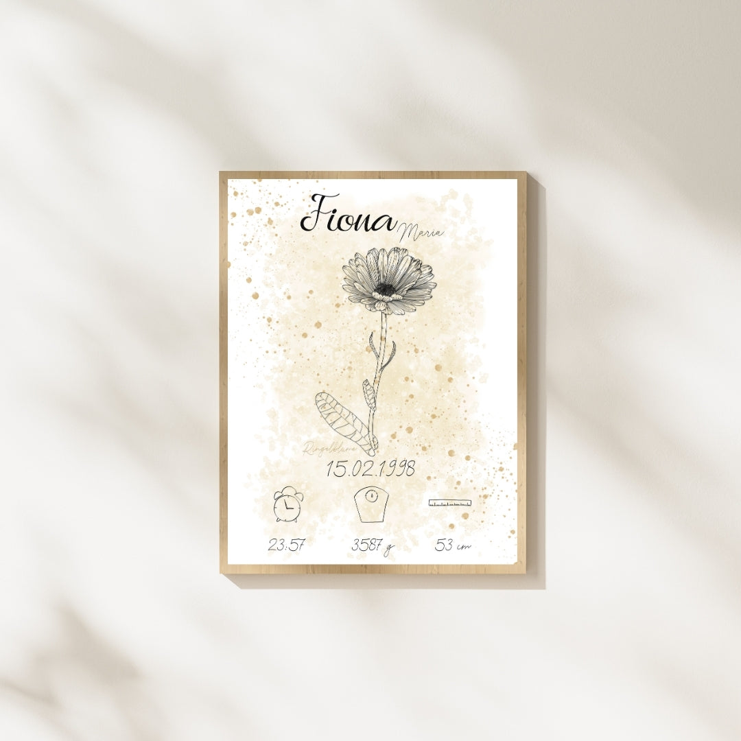 Personalisiertes Geburtsposter: Geburtsblume Oktober Ringelblume | Beige