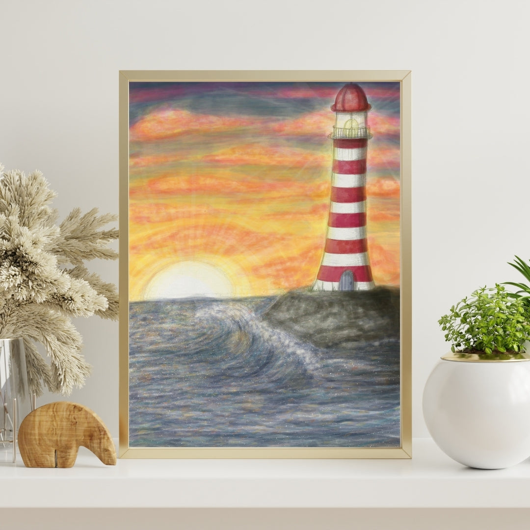 Poster Leuchtturm im Sonnenuntergang