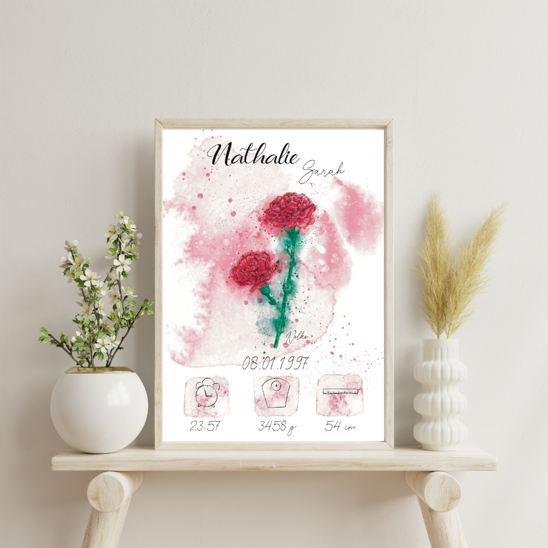 Personalisiertes Geburtsposter: Geburtsblume Januar Nelke | Bunt