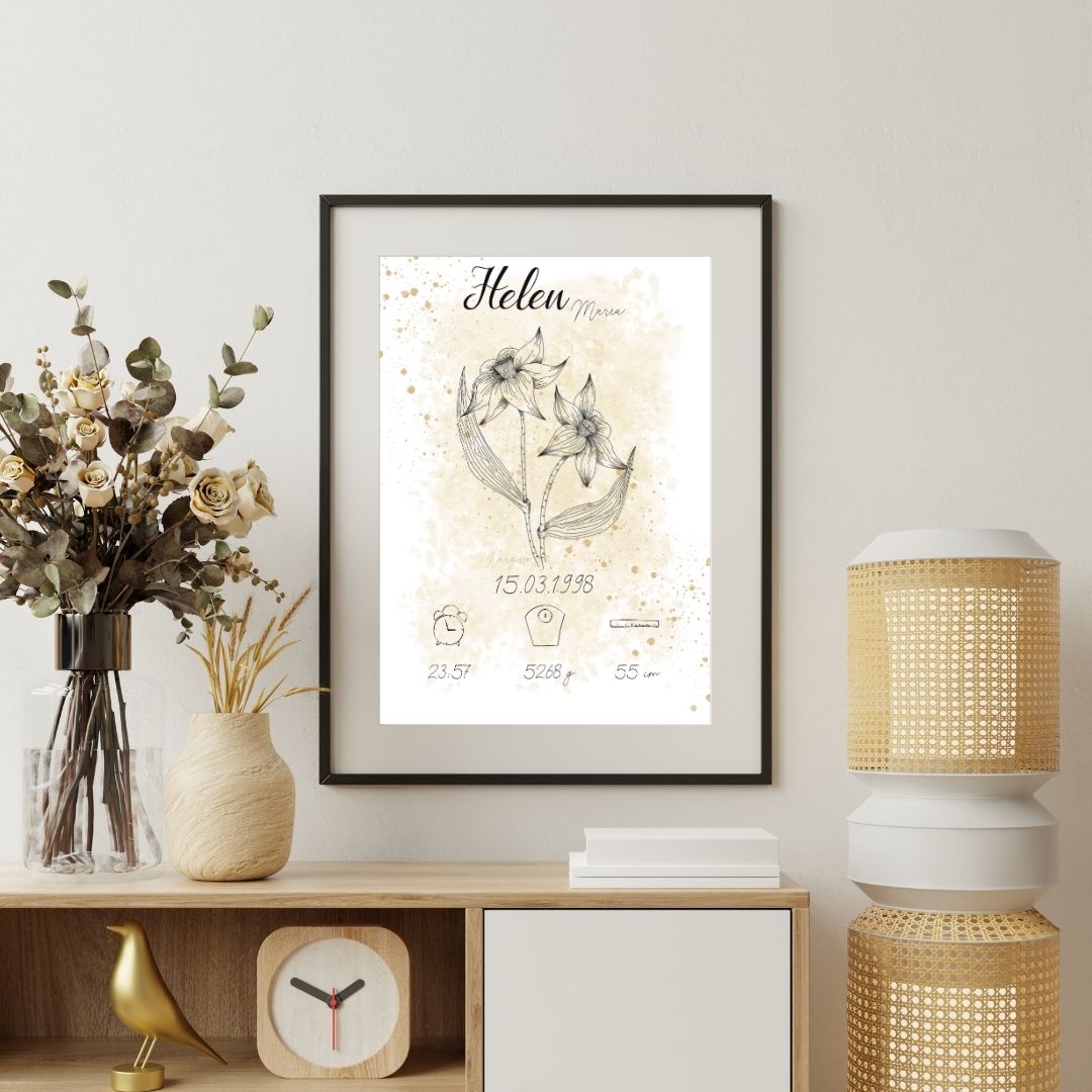Personalisiertes Geburtsposter: Geburtsblume März Narzisse | Beige