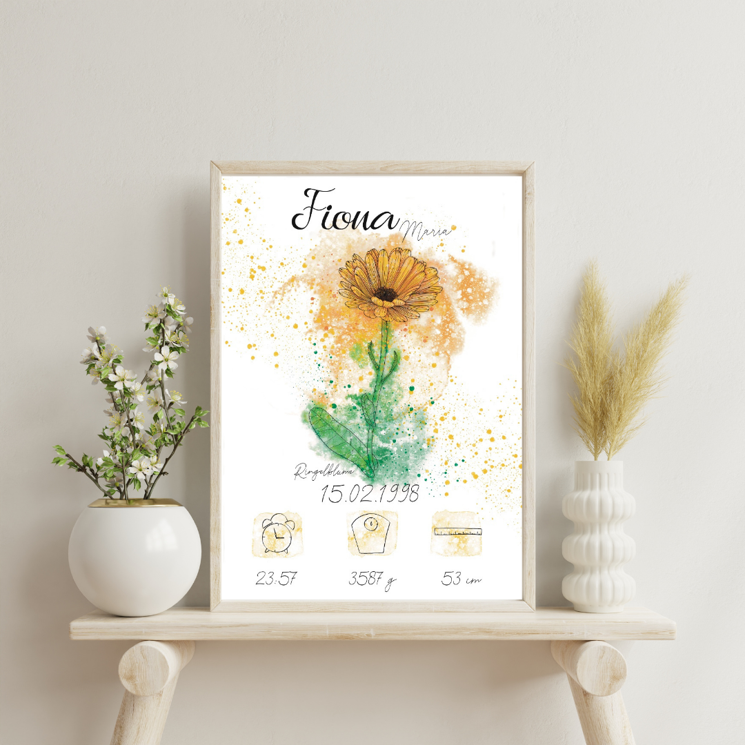 Personalisiertes Geburtsposter: Geburtsblume Oktober Ringelblume | Bunt