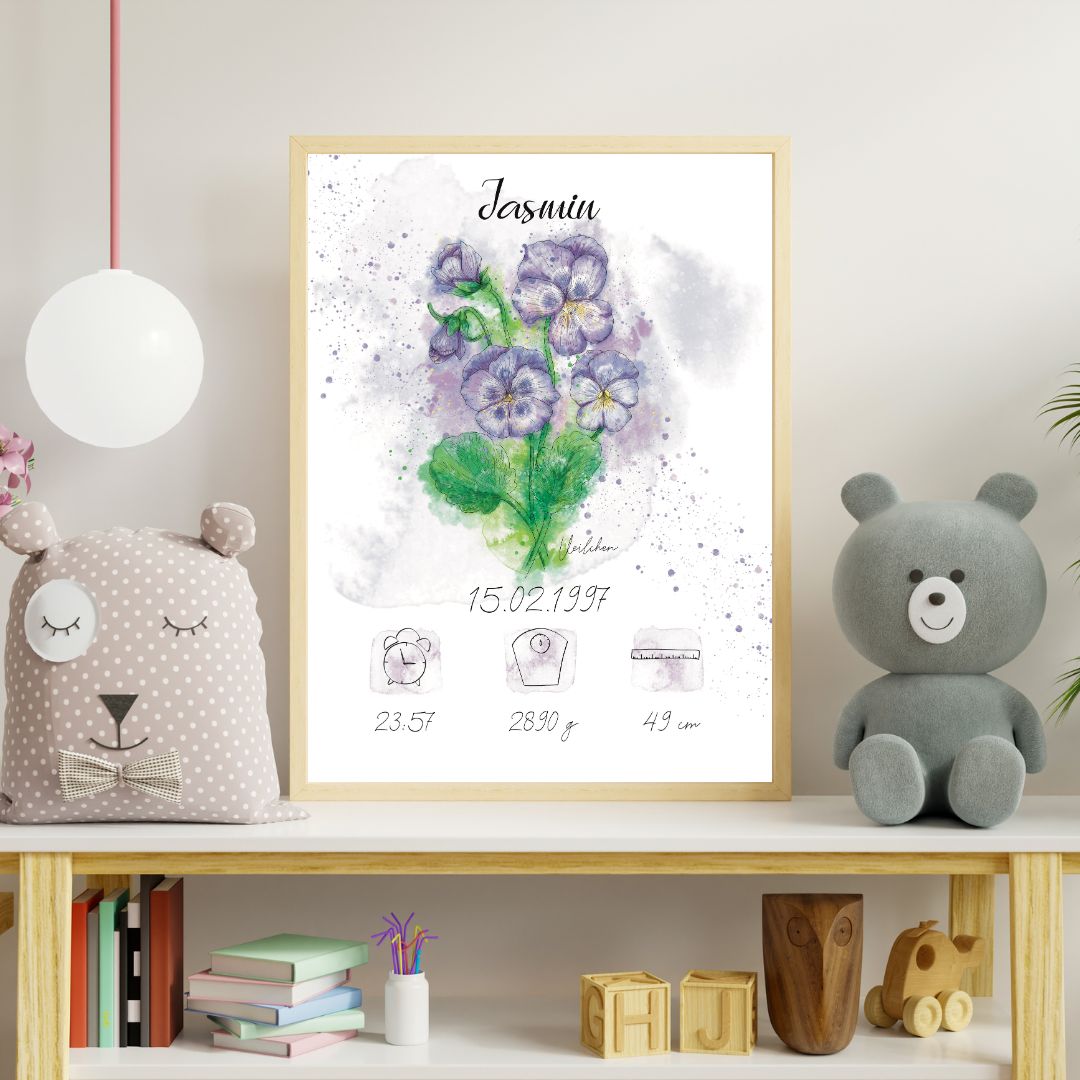 Personalisiertes Geburtsposter: Geburtsblume Februar Veilchen | Bunt