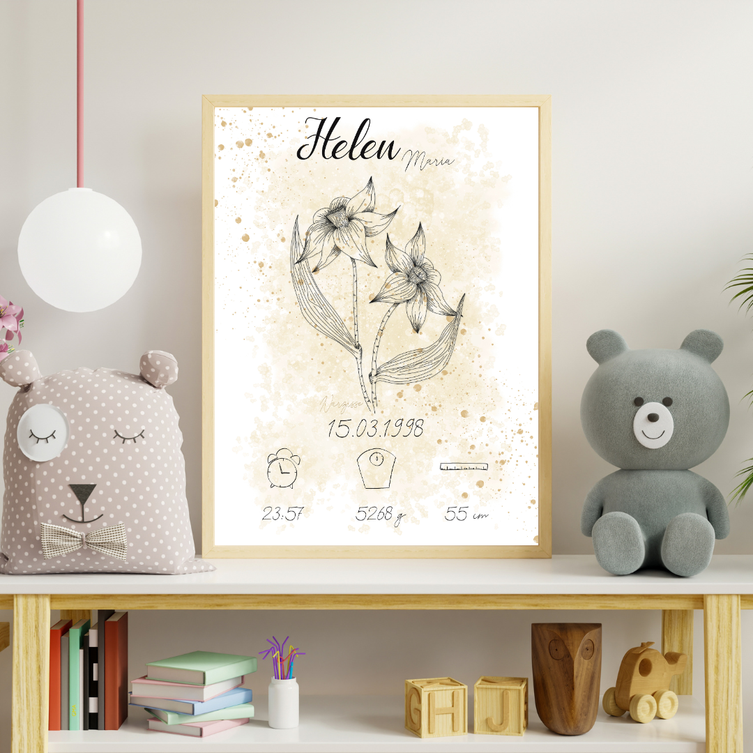 Personalisiertes Geburtsposter: Geburtsblume März Narzisse | Beige