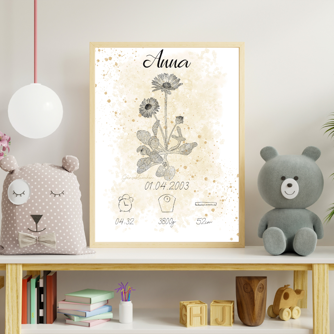 Personalisiertes Geburtsposter: Geburtsblume April Gänseblümchen | Beige