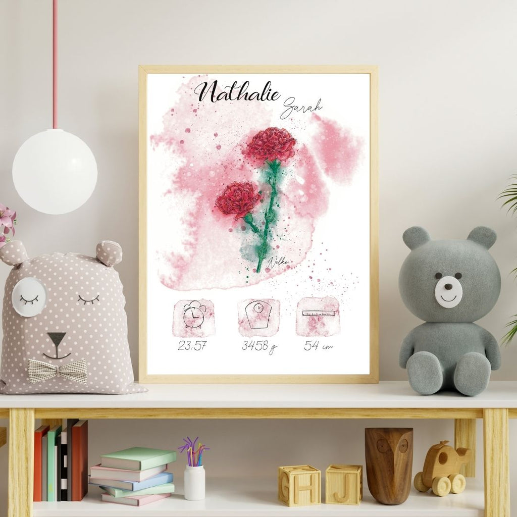 Personalisiertes Geburtsposter: Geburtsblume Januar Nelke | Bunt