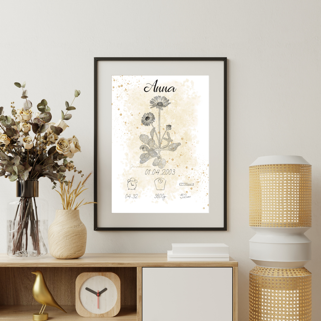Personalisiertes Geburtsposter: Geburtsblume April Gänseblümchen | Beige