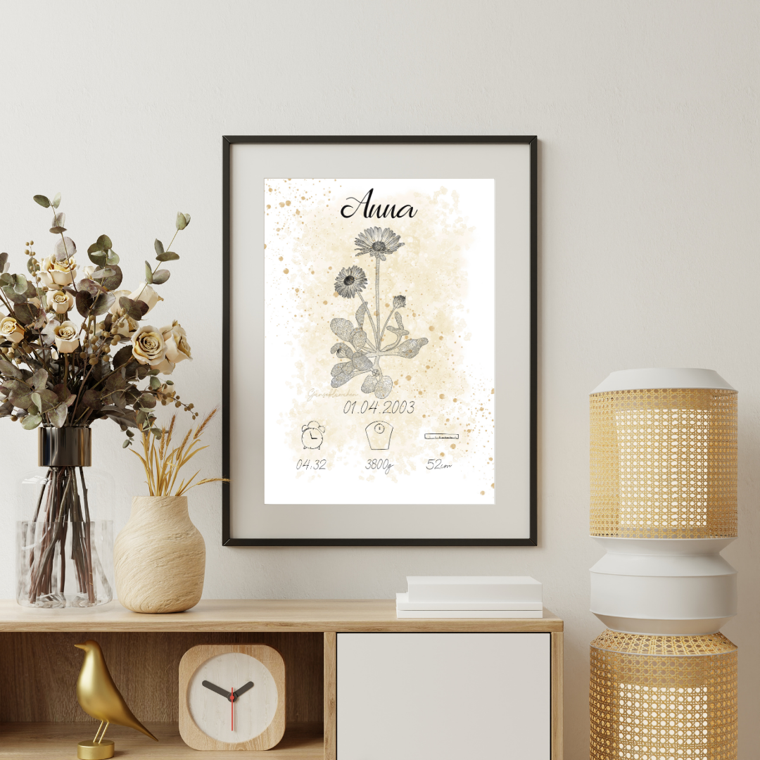 Personalisiertes Geburtsposter: Geburtsblume April Gänseblümchen | Beige