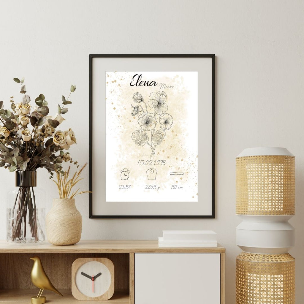 Personalisiertes Geburtsposter: Geburtsblume Februar Veilchen | Beige