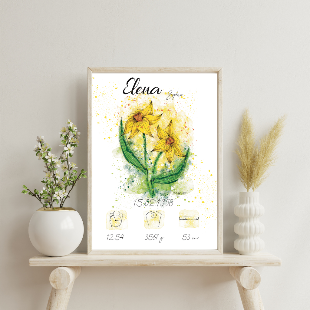 Personalisiertes Geburtsposter: Geburtsblume März Narzisse | Bunt