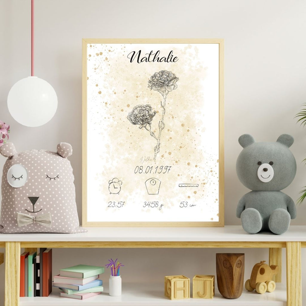 Personalisiertes Geburtsposter: Geburtsblume Januar Nelke | Beige