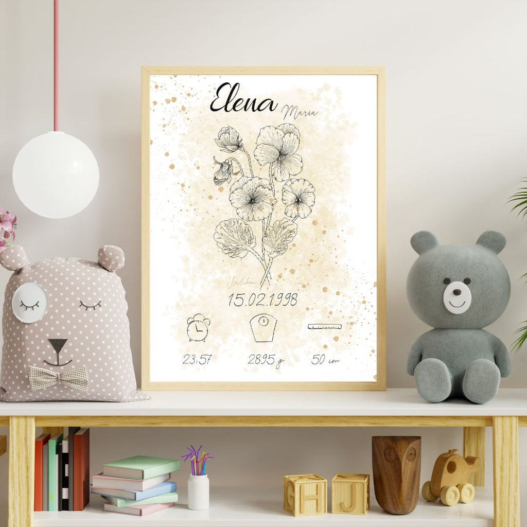 Personalisiertes Geburtsposter: Geburtsblume Februar Veilchen | Beige