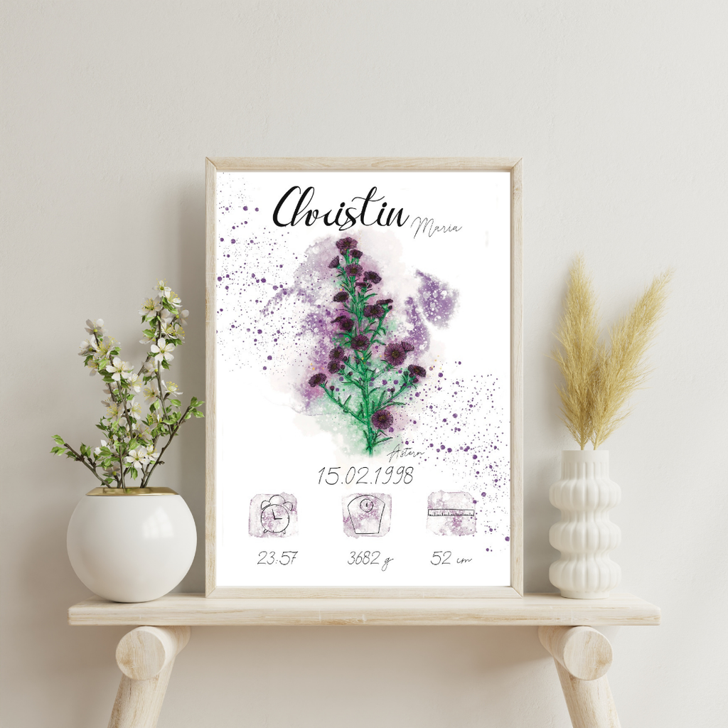 Personalisiertes Geburtsposter: Geburtsblume September Astern | Bunt