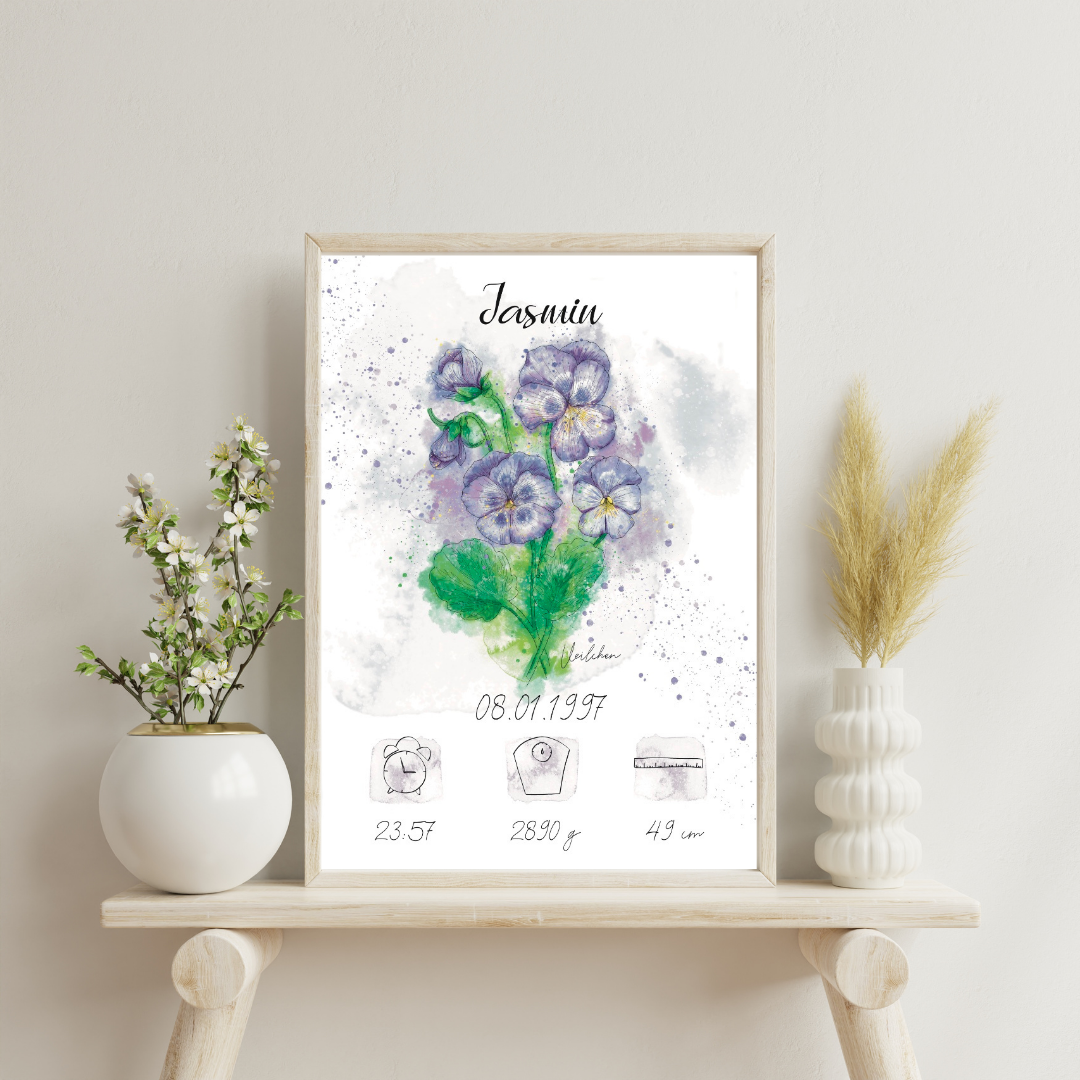 Personalisiertes Geburtsposter: Geburtsblume Februar Veilchen | Bunt