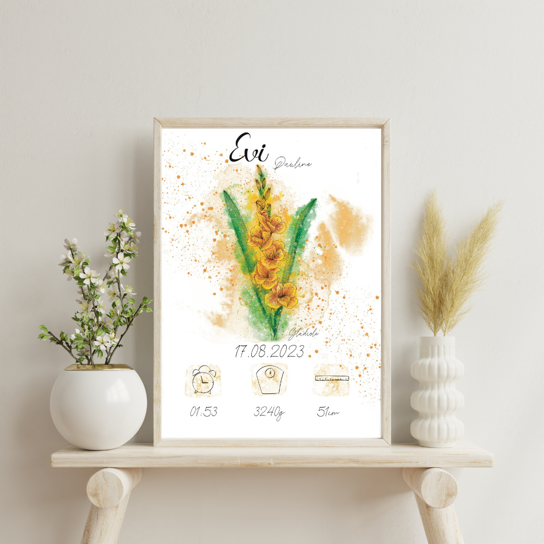 Personalisiertes Geburtsposter: Geburtsblume August Gladiole | Bunt