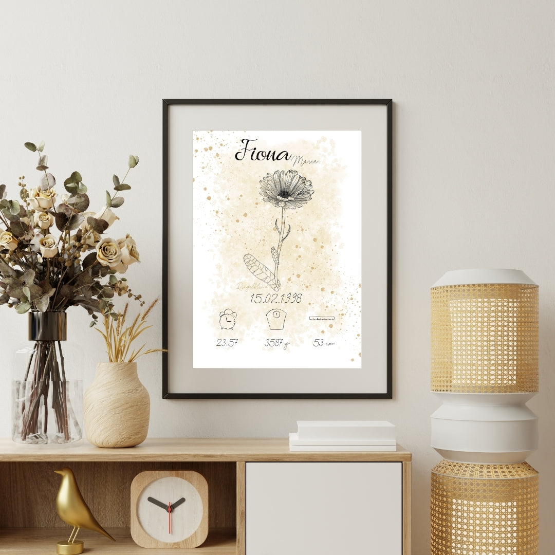 Personalisiertes Geburtsposter: Geburtsblume Oktober Ringelblume | Beige