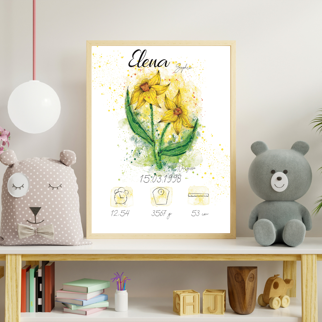 Personalisiertes Geburtsposter: Geburtsblume März Narzisse | Bunt