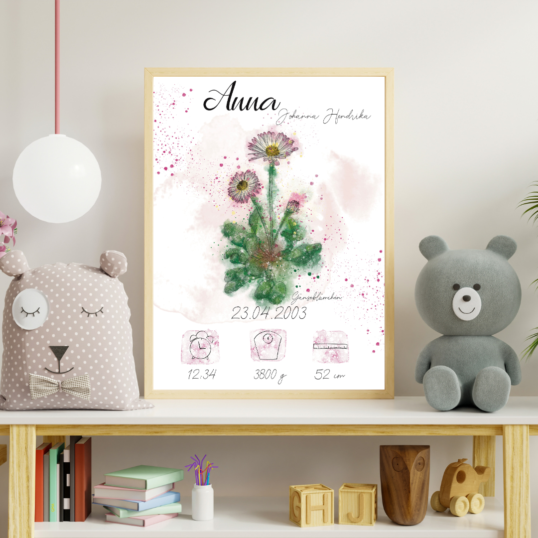 Personalisiertes Geburtsposter: Geburtsblume April Gänseblümchen | Bunt